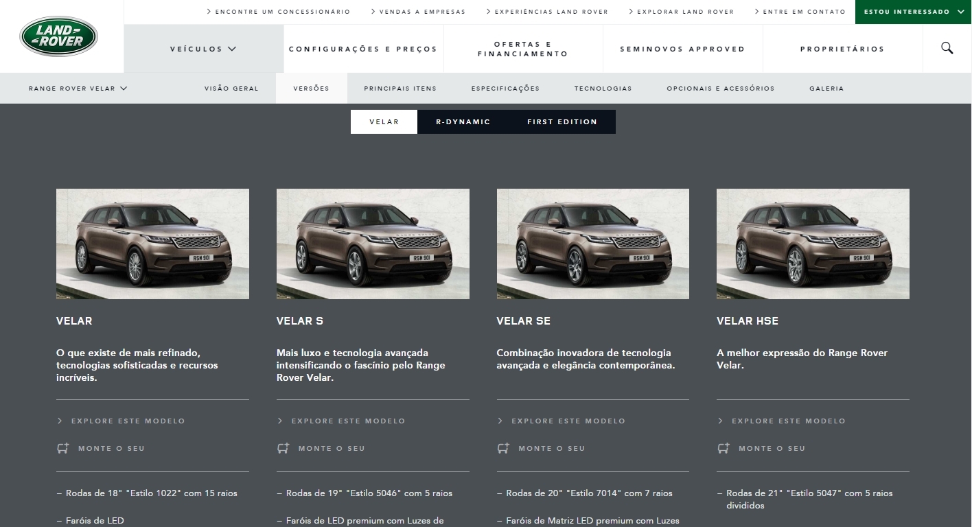 Velar aparece no site brasileiro em todas as versões oferecidas lá fora